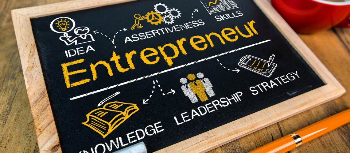 entrepreneur concept with business elements drawn on blackboard